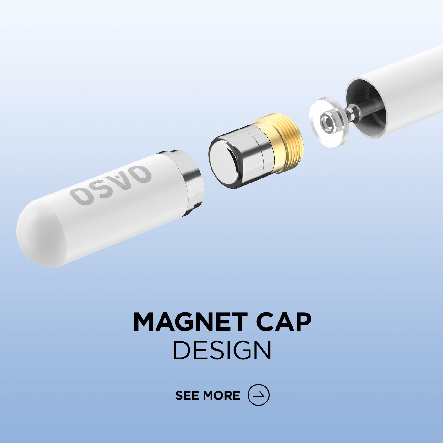 Exploded view of the OASO magnet cap with the brand name on the cap